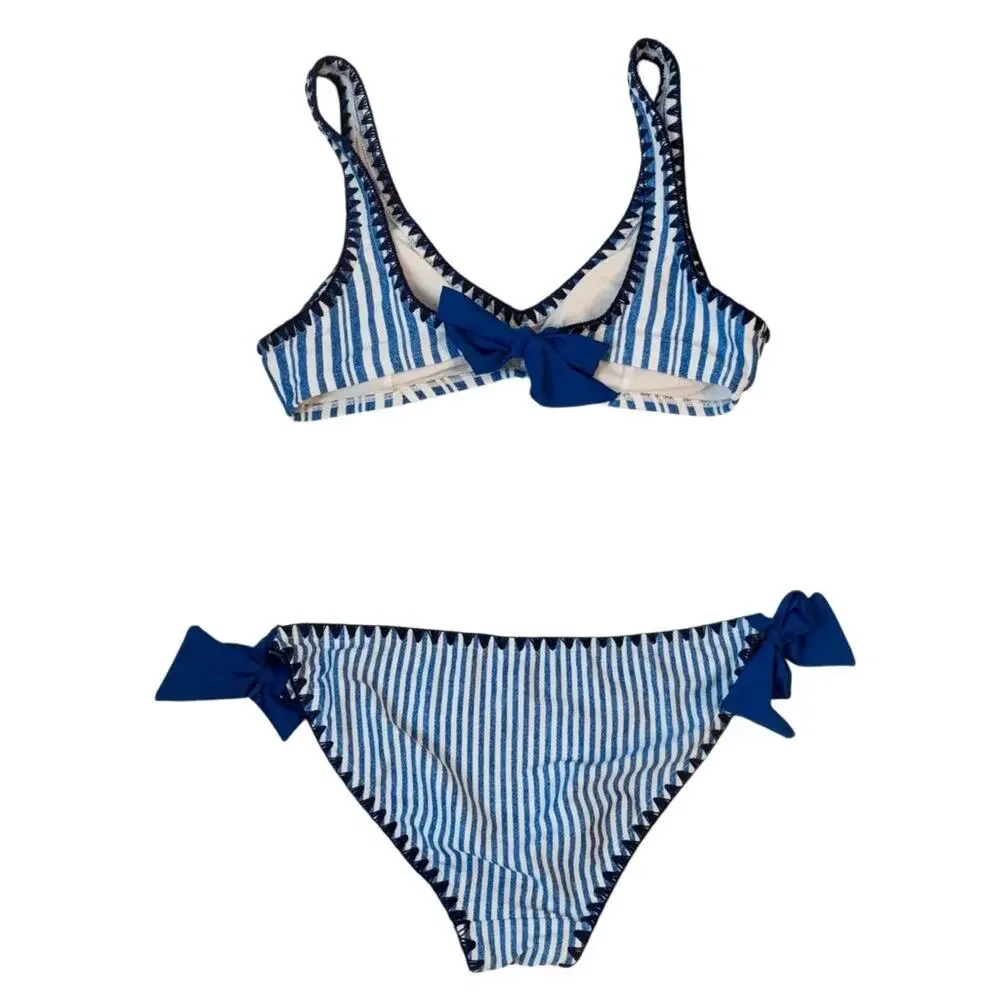 No Boundaries Denim Stripe Bikini Set Blanket Stitch in Blue Small Medium